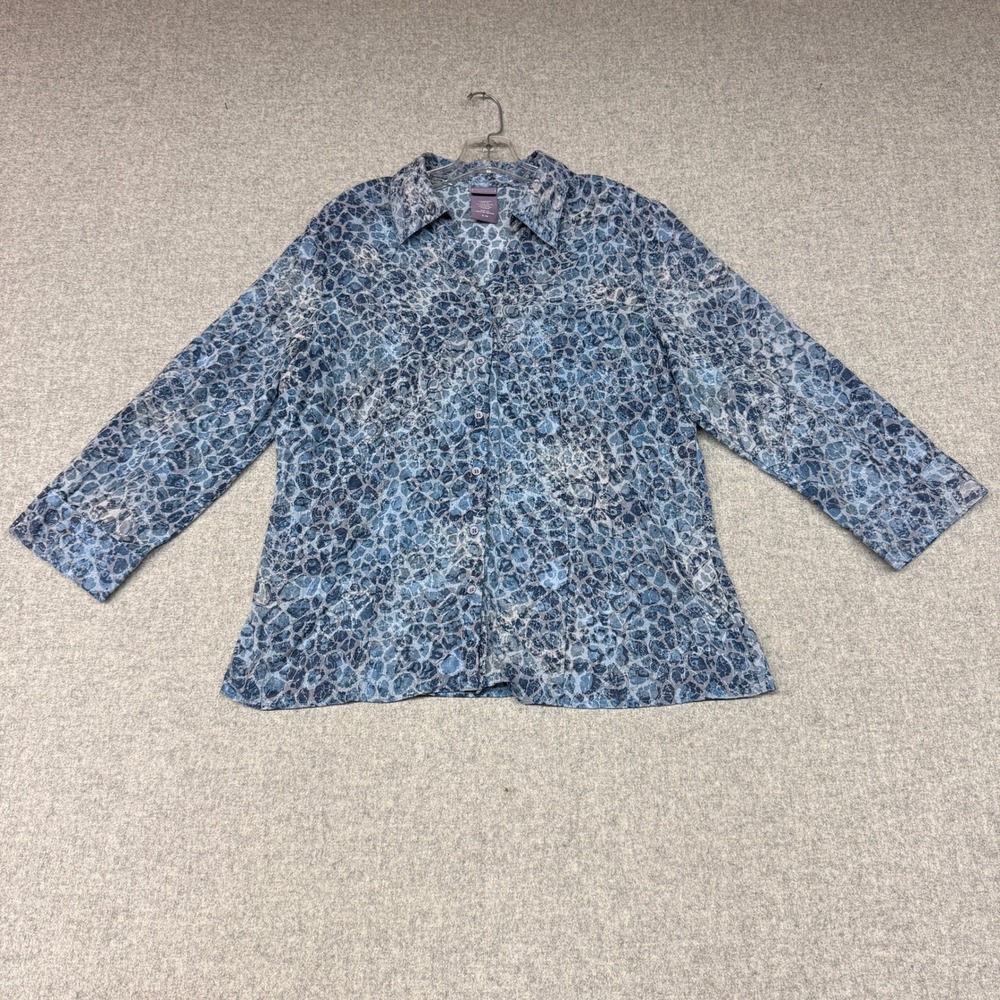 Laura Scott Button Down Shirt XL Blue Leopard Animal Print Collared Long Sleeve